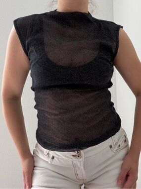 Abercrombie & Fitch black sparkly sheer mesh boat neck top
